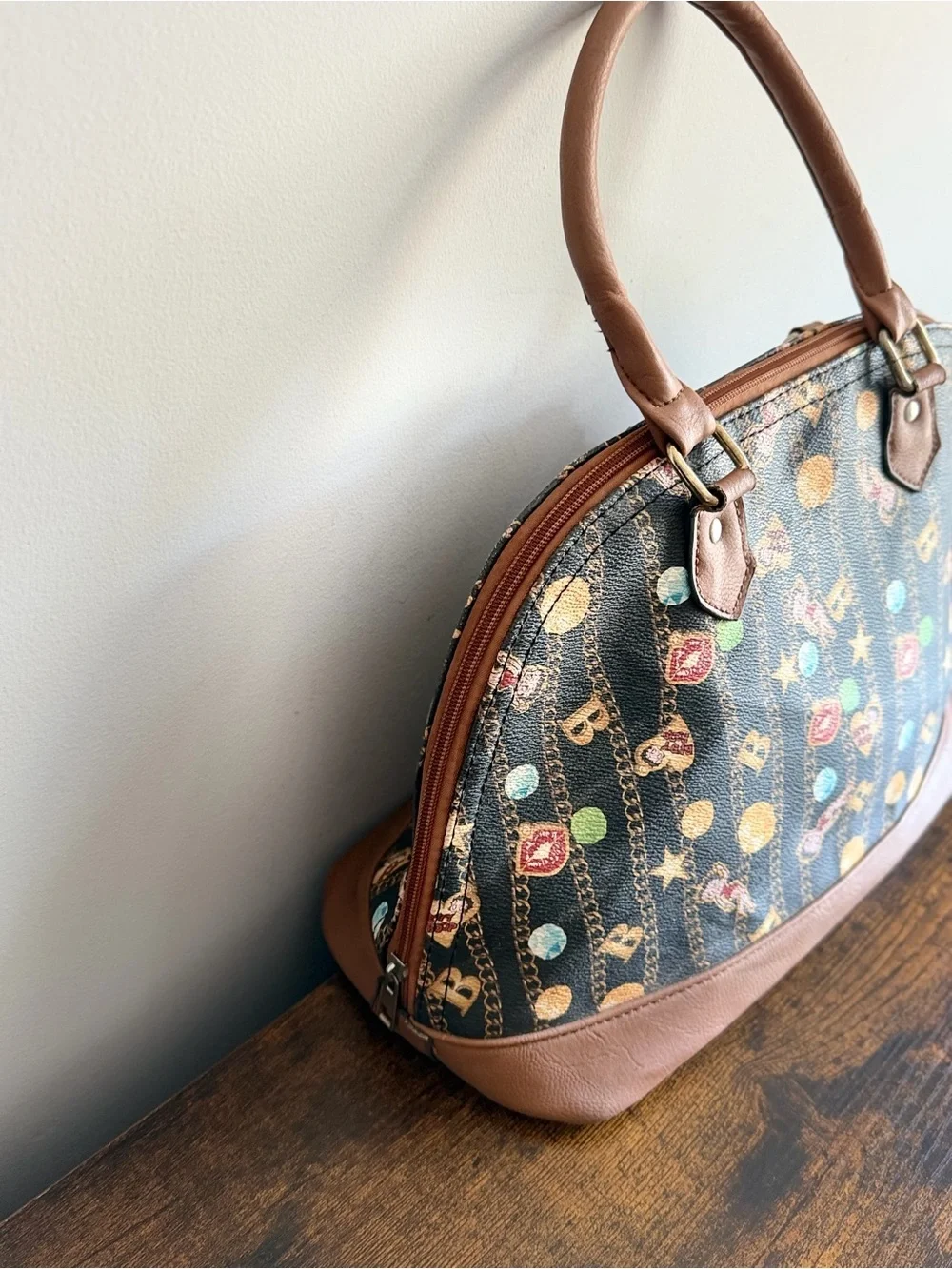 Betseyville by Betsey Johnson Novelty Print Dome Satchel Handbag Brown Pink